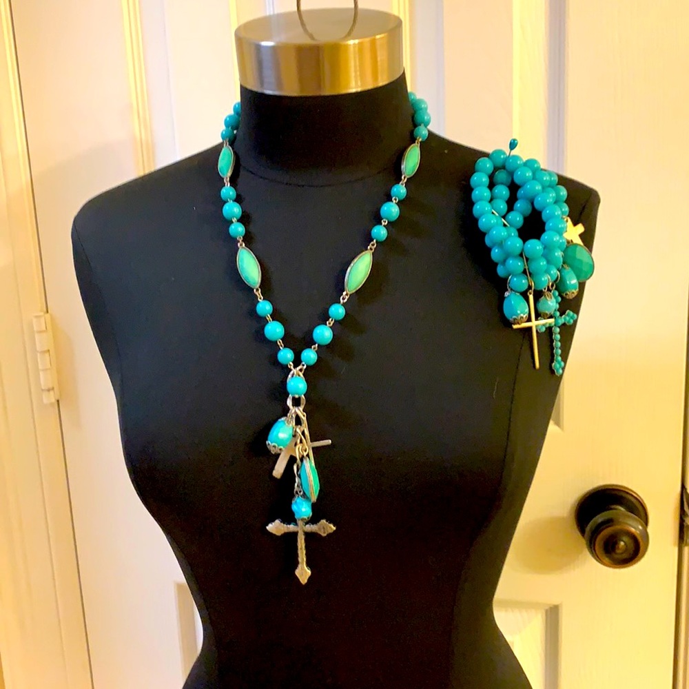 Teal Bead & Cross Necklace and Bracelet